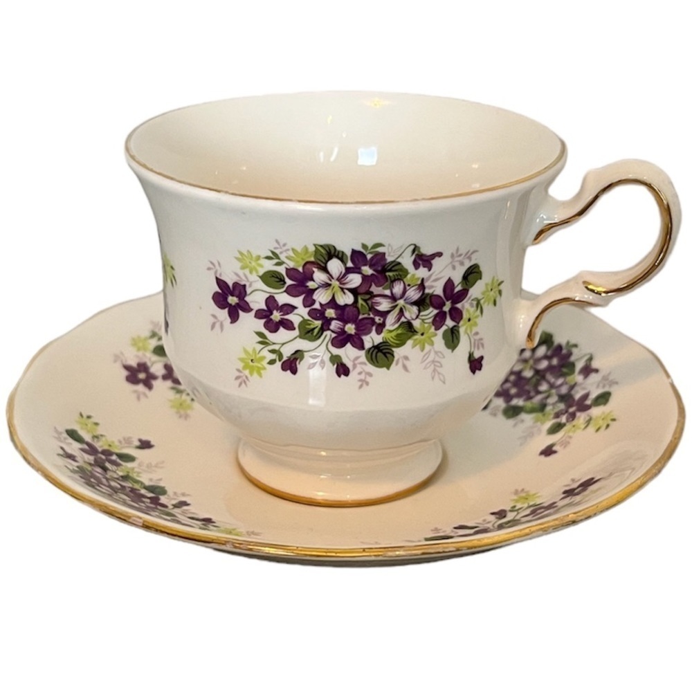 Vintage Queen Anne Fine Bone China Purple Violets 8625 Tea Cup & Saucer